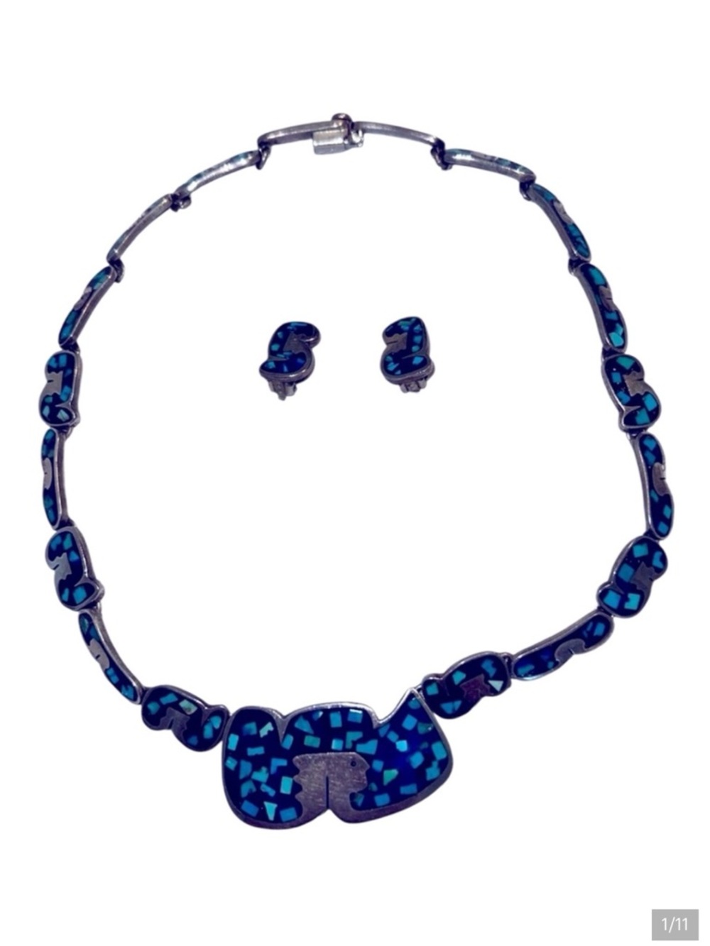 Vintage SET .925 Sterling & Turquoise Inlay Necklace & Earrings